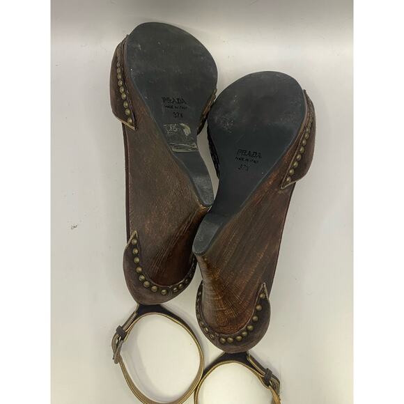 Prada Brown Suede Peep Toe Wedge Sandals Sz 37.5 (US 7) - Picture 5 of 8